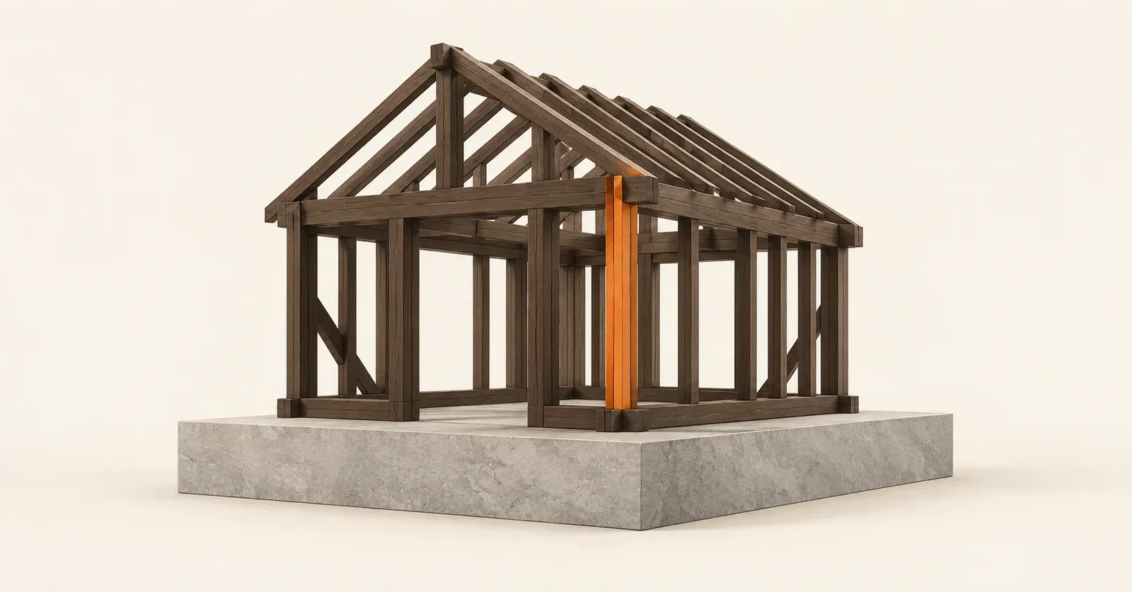Một cấu trúc gỗ đang dựng nằm trên nền đá rộng và chắc chắn.